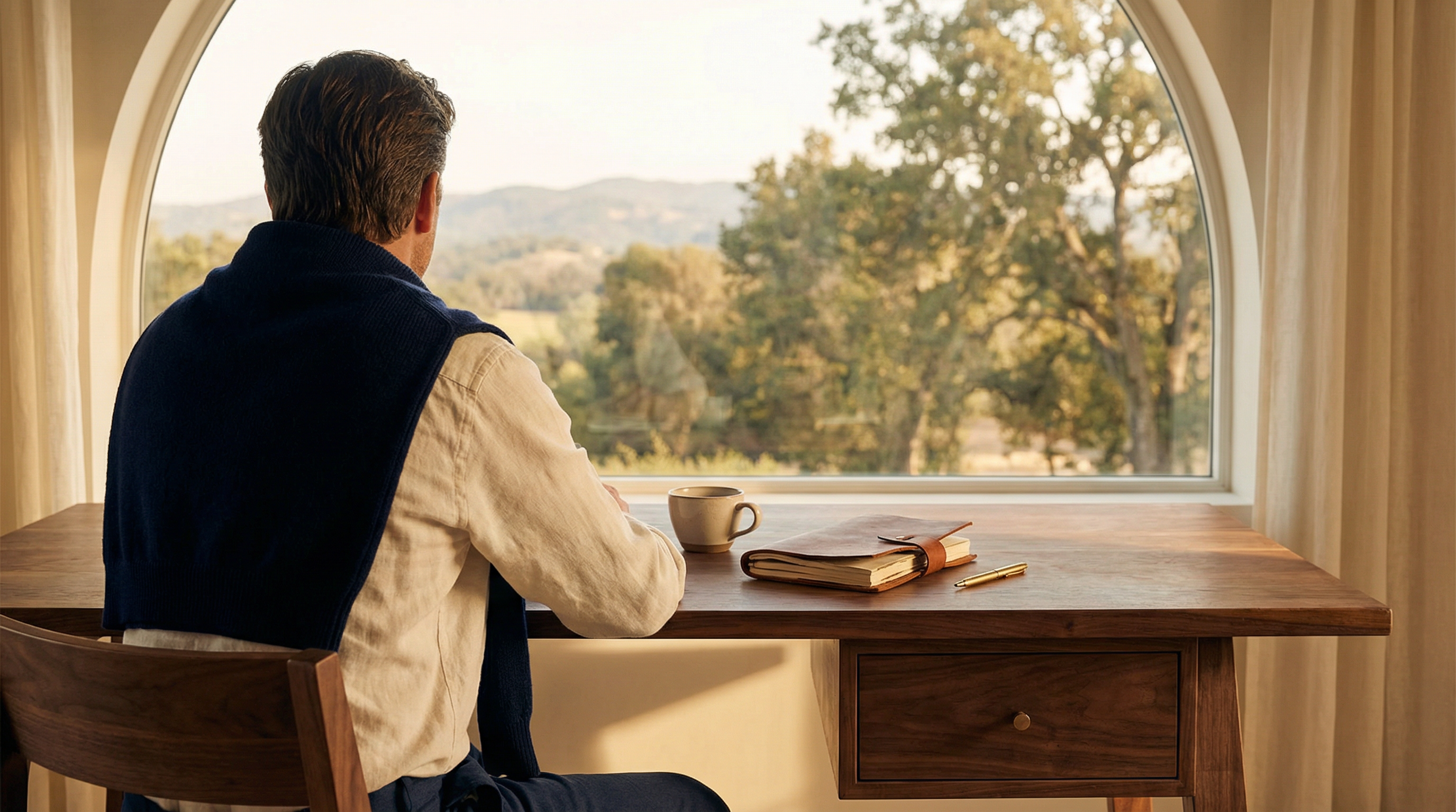 Person reflecting at a desk by a window at golden hour